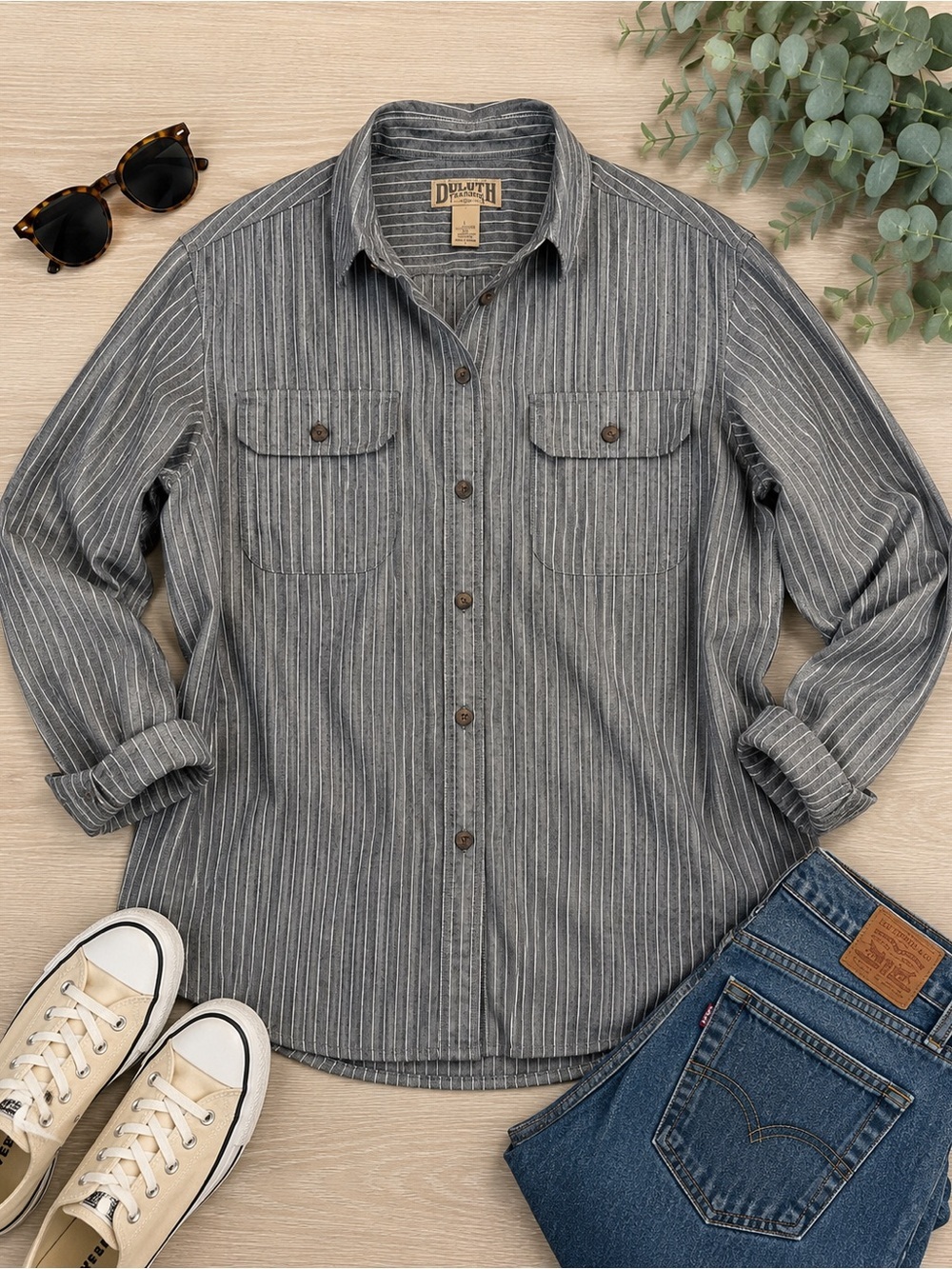 Duluth Trading Co Gray Pinstripe Button Down Work Shirt Large Coolmax